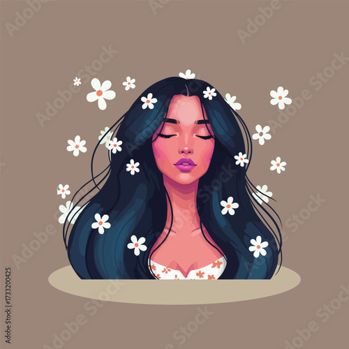 Woman with Flowers in Hair Serene Portrait Illustration.