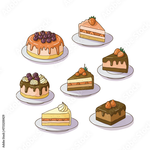 Set of illustrated dessert cakes and pieces on plates.