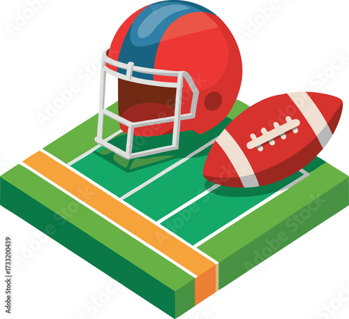 American football gear on gridiron field isometric vector