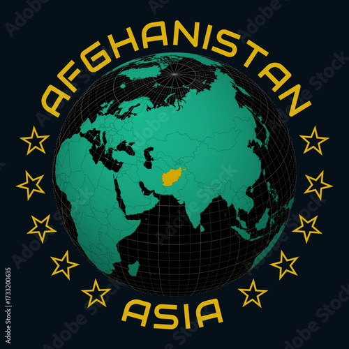 Afghanistan on Globe. Round country and continent name text. Country view on world map in Black Emerald color palette. Afghanistan shape on map. Appealing vector illustration.