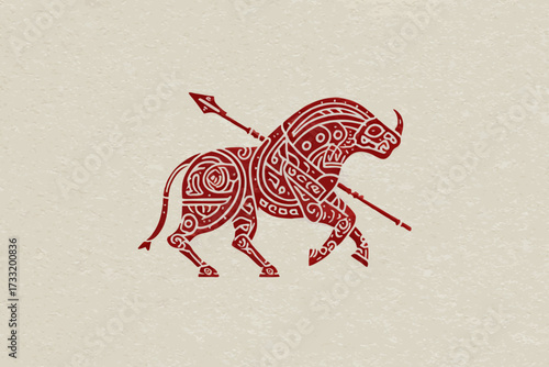 Ornate Stylized Red Bull with Spear, Intricate Tribal Patterns, Powerful Ancient Mythical Animal Art on Textured Background