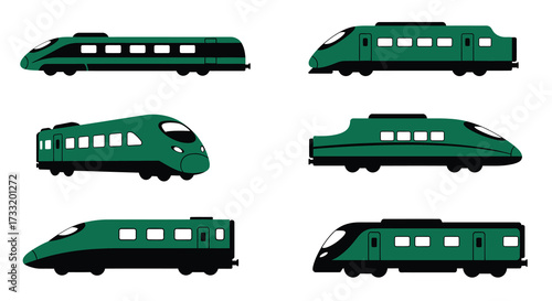 Collection of stylized green trains in different perspectives simple vector illustration