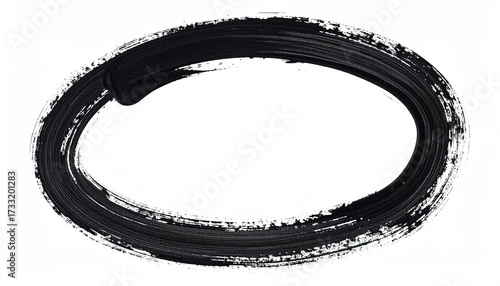 Black, oval shape on white background, created by a brushstroke of textured paint