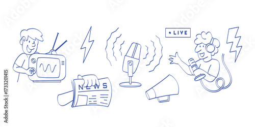 Hand-drawn doodle of podcast, live stream, and digital media elements like a microphone and play button, perfect for social media, news, online communication, and blog concepts