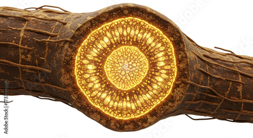Cross-section of Eurycoma longifolia (Tongkat Ali) roots with glowing golden rings.