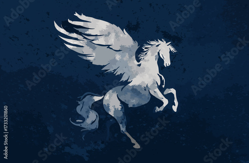 Majestic white Pegasus illustration with watercolor texture on dark blue. Mythical winged horse in ethereal style, symbol of freedom.