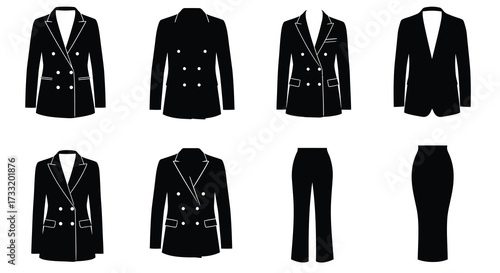 A collection of black suit jackets and matching trousers silhouettes