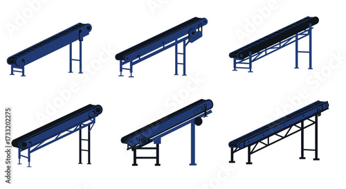 Isometric view of multiple industrial conveyor belts in a schematic design