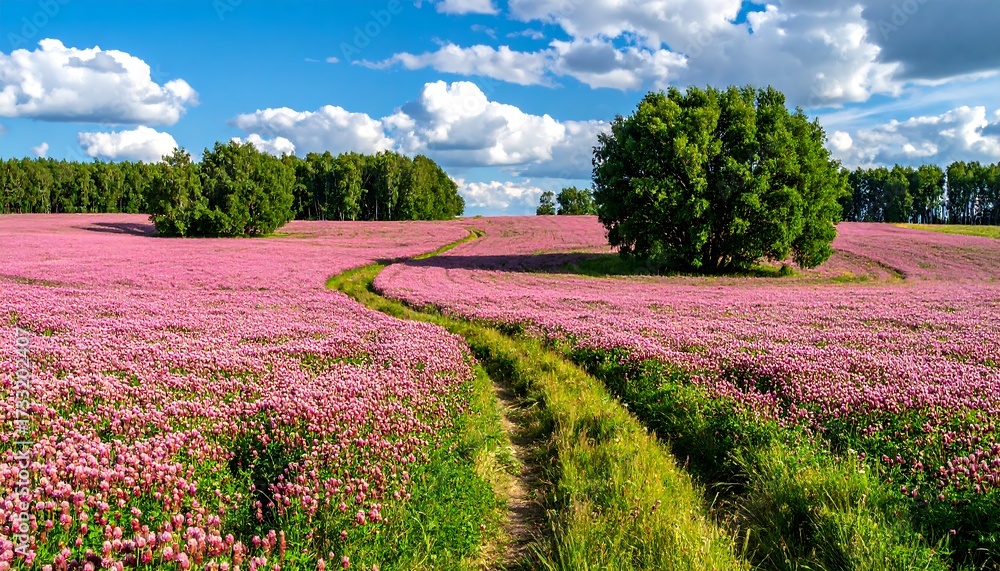 Fototapeta premium A vibrant pink clover field with a path winding through