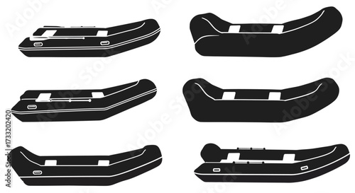 Black and white illustration of six different boat or kayak designs