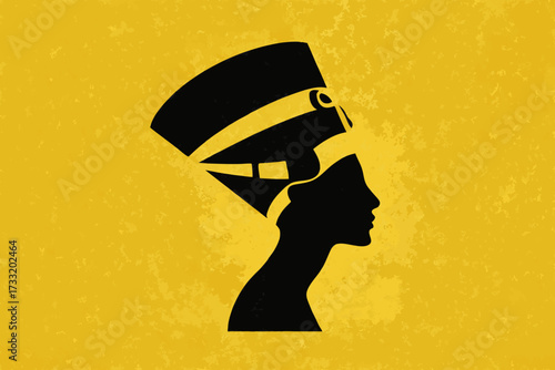 Ancient Egyptian queen profile silhouette icon on a golden background, vector illustration of historical royalty and culture