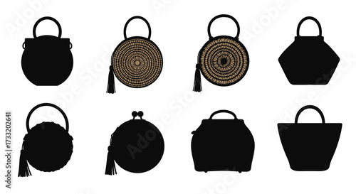A collection of stylish black and woven bag silhouettes on white