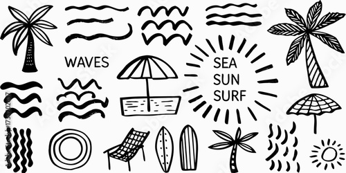 Hand drawn black and white doodle elements for summer beach vacation and surfing on white background