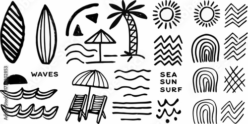 Hand drawn black and white summer vacation icons and symbols for beach and surf designs