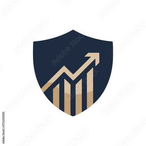 shield chart logo, security analytics emblem, upward arrow with bars, finance protection branding, trustworthy corporate identity, vector