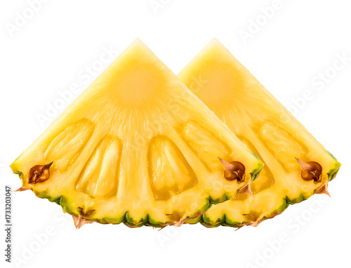 Fresh pineapple triangular cuts closeup, ripe exotic fruit for dessert, juice and healthy eating, tropical fruit slices with sweet juicy pulp