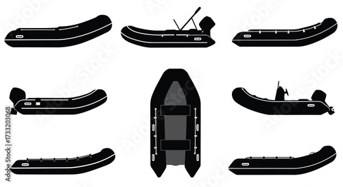 Various black and white illustrations of inflatable boats and their designs