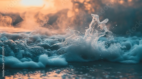 Close-up of foamy ocean wave crashing on the shore at sunset.
