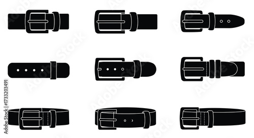 Collection of various black and white belt buckles and straps shown
