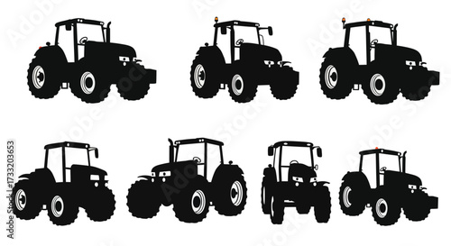 Silhouette arrangement of six agricultural tractors against a white background