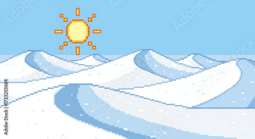 Pixel art winter landscape with snow dunes and a bright sun.