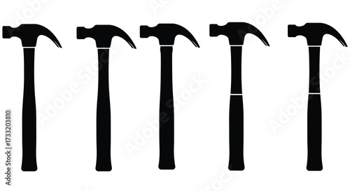 Five black silhouette claw hammers arranged in a simple horizontal line