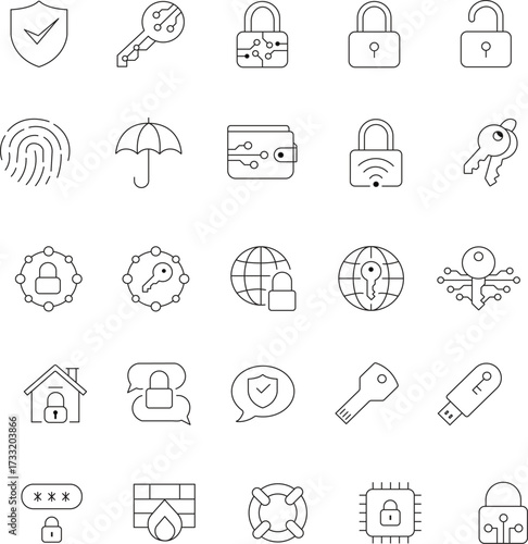 Collection of modern security themed line icons for digital and print use featuring locks shields and surveillance elements
