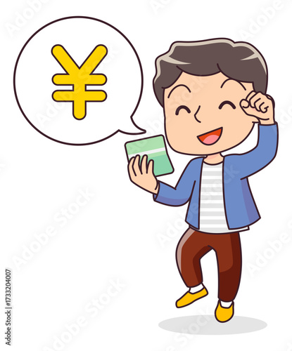 通帳に入金があり喜ぶ男性