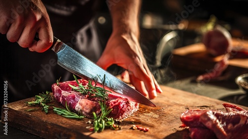 Chef slicing raw steak with herbs on cutting board