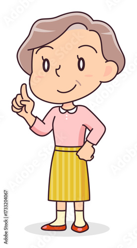 指を立てて説明するシニア女性
