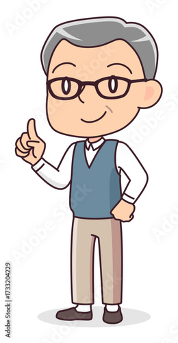 指を立てて説明するシニア男性