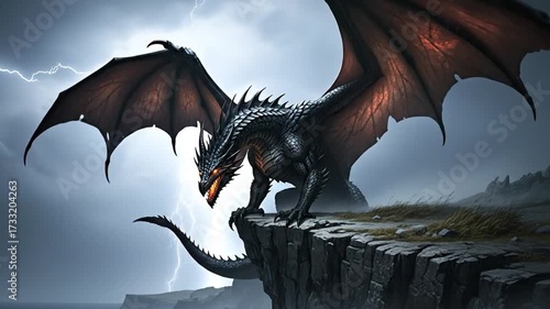 A fearsome black dragon with glowing eyes and large wings perched on a rocky cliff during a stormy night with lightning strikes