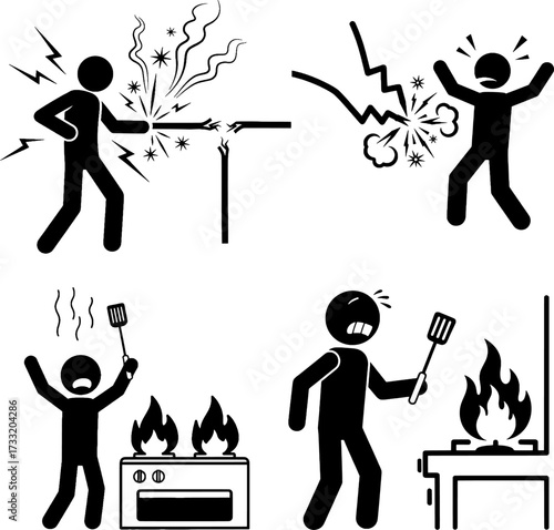 Home Safety Hazard and Electrical Fire Accident Icons Set