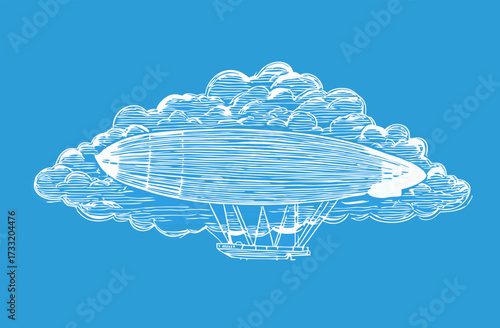 Hand-drawn retro airship flying in a blue sky with clouds. Vintage blimp sketch illustration for transport, travel, and aviation concepts.
