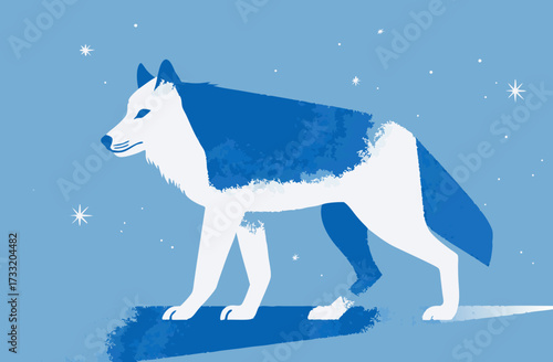 Dynamic Blue and White Wolf Illustration Walking Through Snowy Winter Night. Minimalist Flat Design Art with Stars.