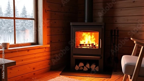 Cozy log cabin interior with a burning fireplace and a stack of books next to a window overlooking a snowy forest scene