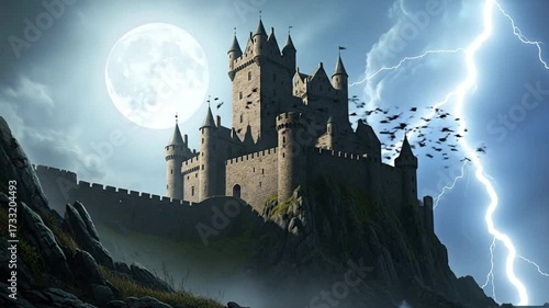 A majestic medieval castle stands on a rocky cliff under a full moon, with a flock of birds flying ominously in the dark, cloudy sky