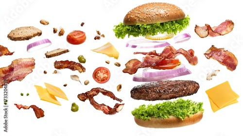 Burger ingredients floating in air