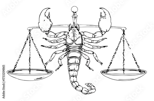 Detailed line art illustration of a powerful scorpion holding the symbolic scales of justice, representing balance and fairness.