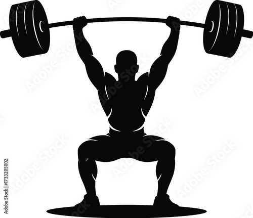 Muscular man lifting heavy barbell vector silhouette