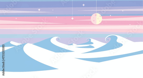 Snow dunes under a pastel sky with a full moon.