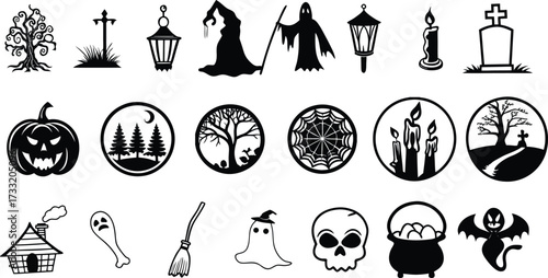 Collection of spooky halloween icons including pumpkins ghosts skulls and haunted trees for festive designs vector