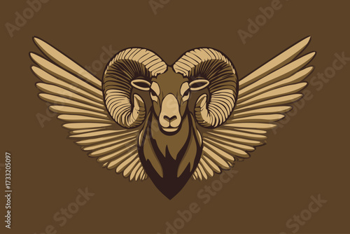 Winged Ram Head Illustration with Majestic Curled Horns in Vintage Brown Tones, Mythical Animal Graphic Design Element
