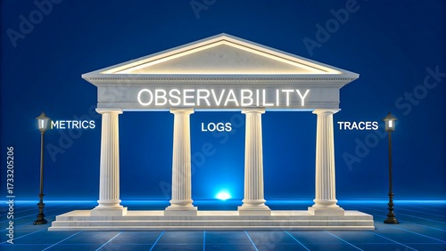 Digital observability concept with pillars of metrics logs and traces  
