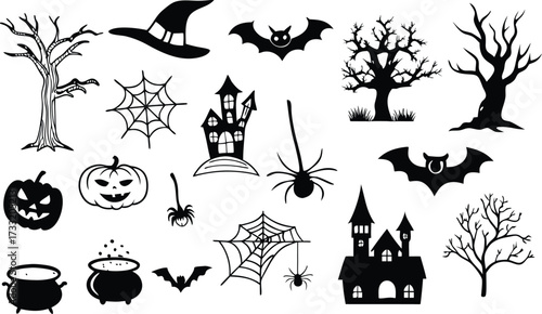 Spooky halloween elements collection mysterious trees haunted houses bats spiders and pumpkins for festive fun vector