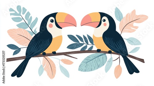 Two toucans perched on a branch with leaves isolated on white background