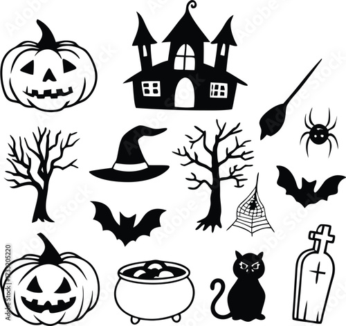Spooky halloween icons bundle set featuring pumpkins haunted house bats and witch elements vector