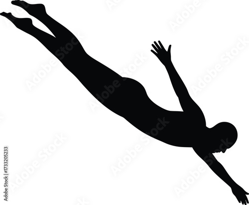 Black silhouette of a diver diving swimming