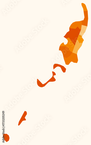Map of Palau with regions. Just a simple country border map with region division. Orange color palette. Flat Republic of Palau shape with administrative division. Vector illustration.
