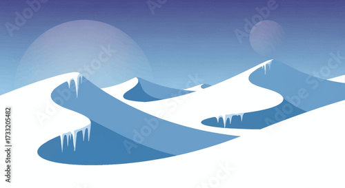 Snow-covered dunes with icicles under a cold sky.